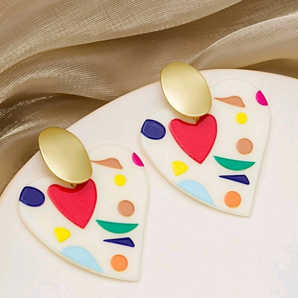 Heart Drop Multi-colored Decor Earrings